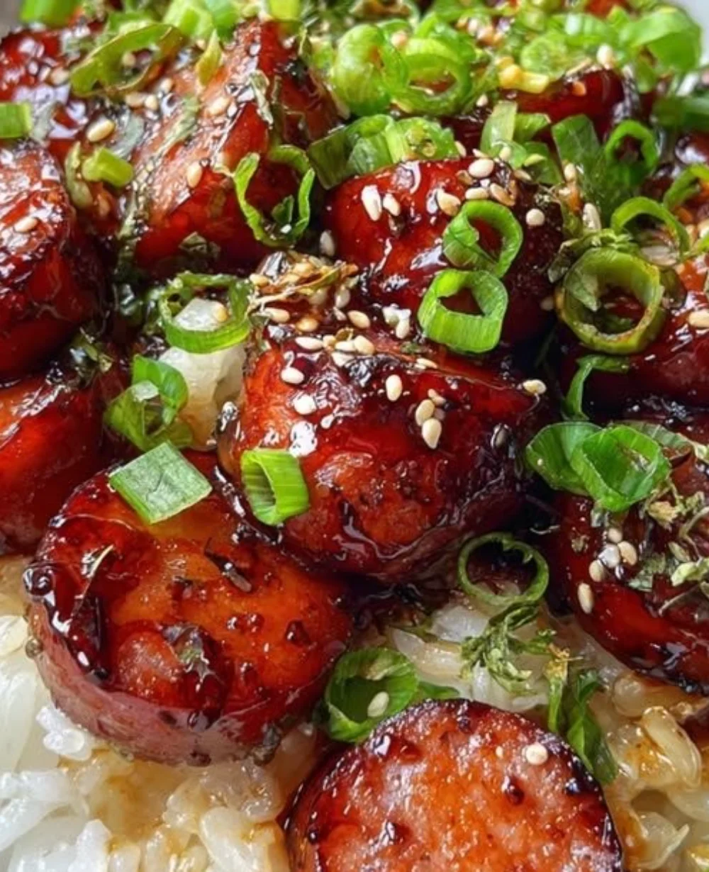 Sticky Honey Garlic Smoked Sausage served over rice with garnishes