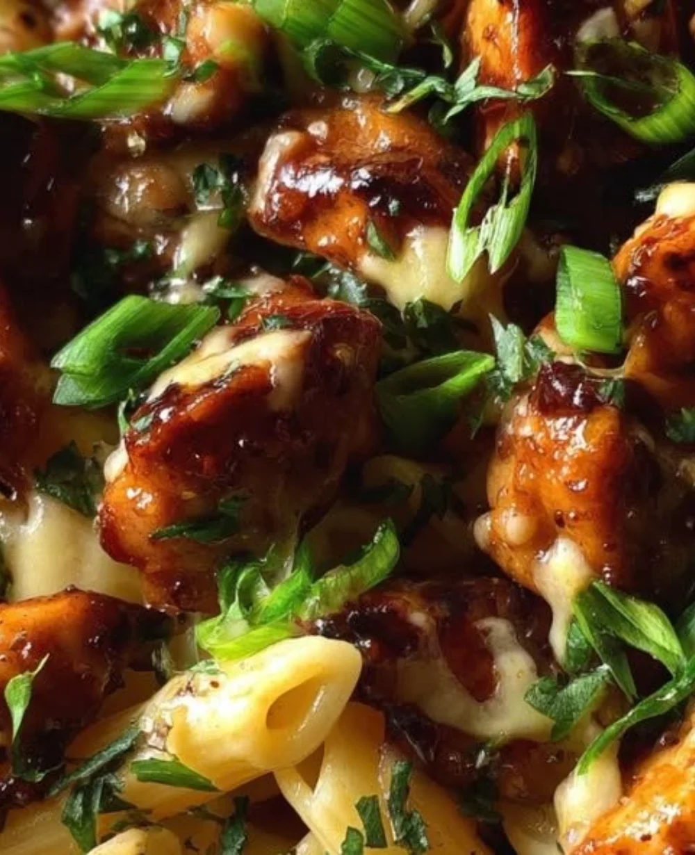 Delicious Sticky Honey Pepper Jack Chicken Pasta served in a bowl