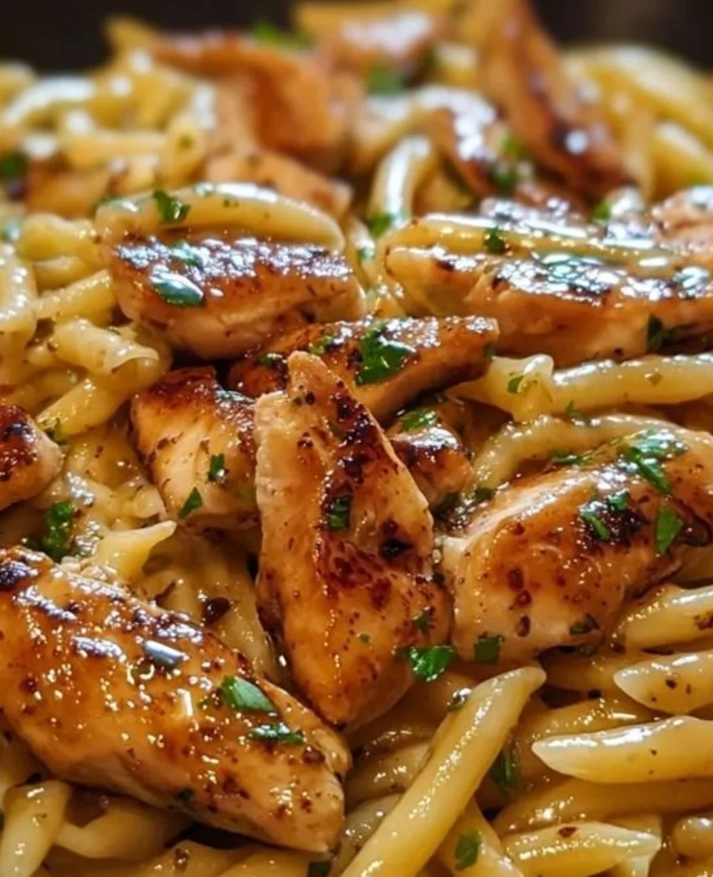 Plate of Sticky Smoky Garlic Butter Chicken Pasta garnished with herbs