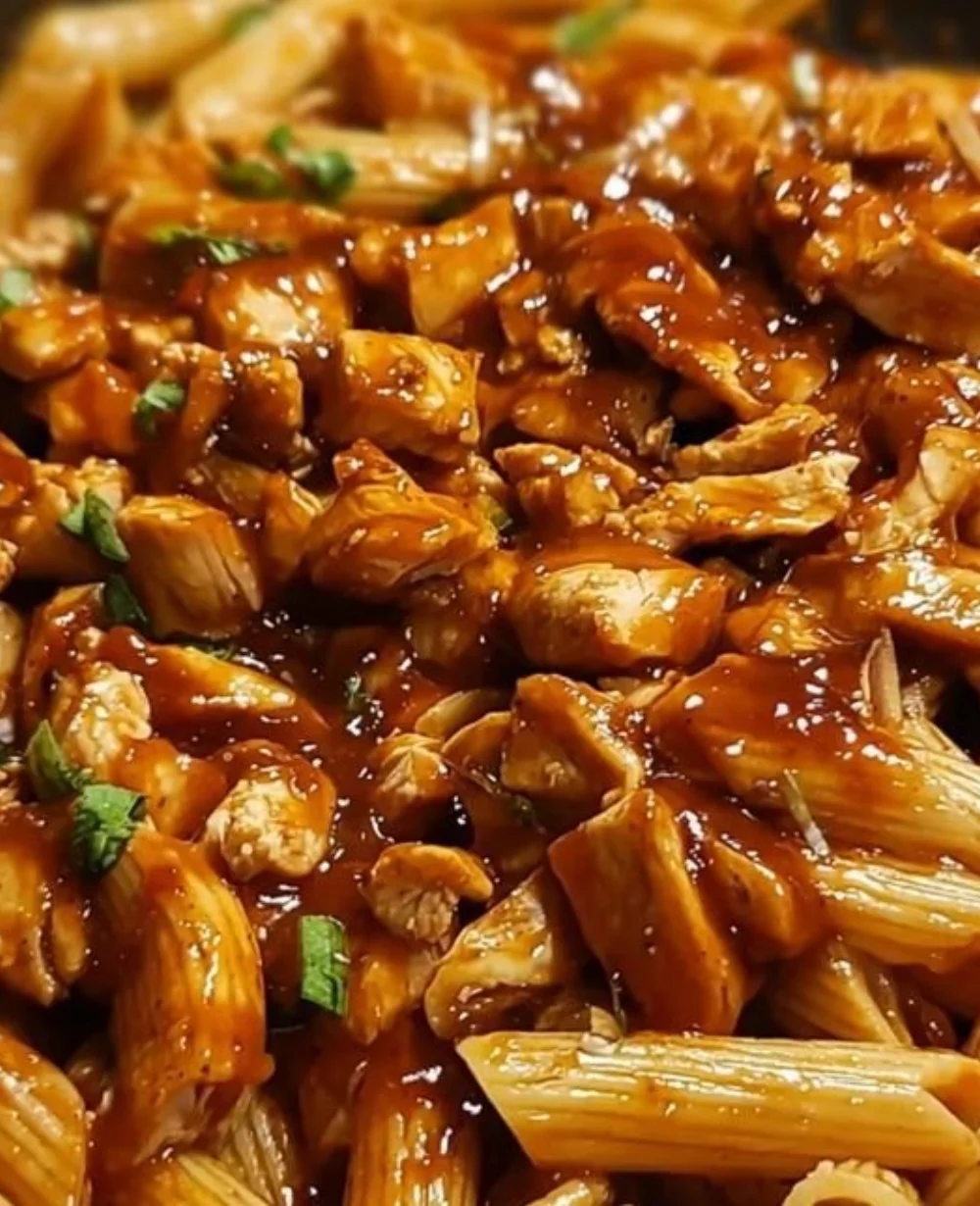 Sticky Sweet Chili BBQ Chicken Pasta served with fresh vegetables and herbs