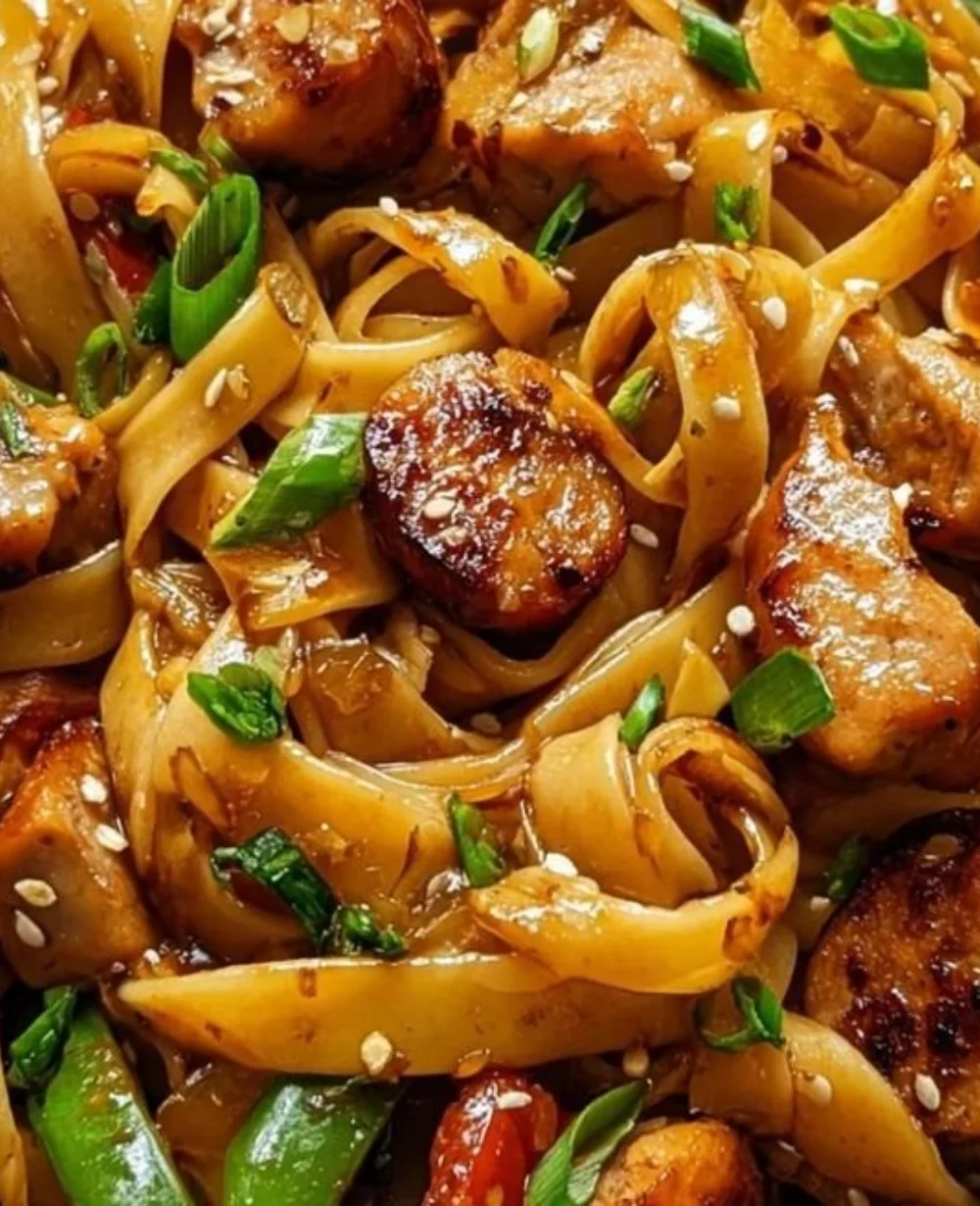 Plate of sticky sweet garlic chicken and sausage pasta garnished with herbs.