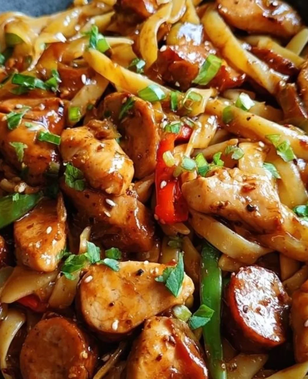 Delicious sticky sweet garlic chicken served with sausage pasta on a plate.