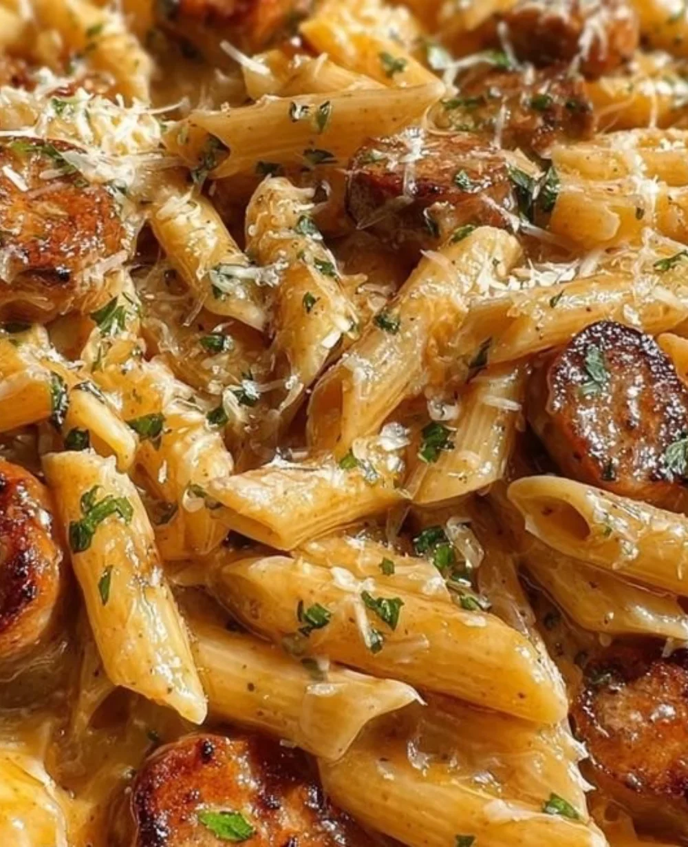 Sticky Sweet Garlic Parmesan Sausage Penne served in a bowl