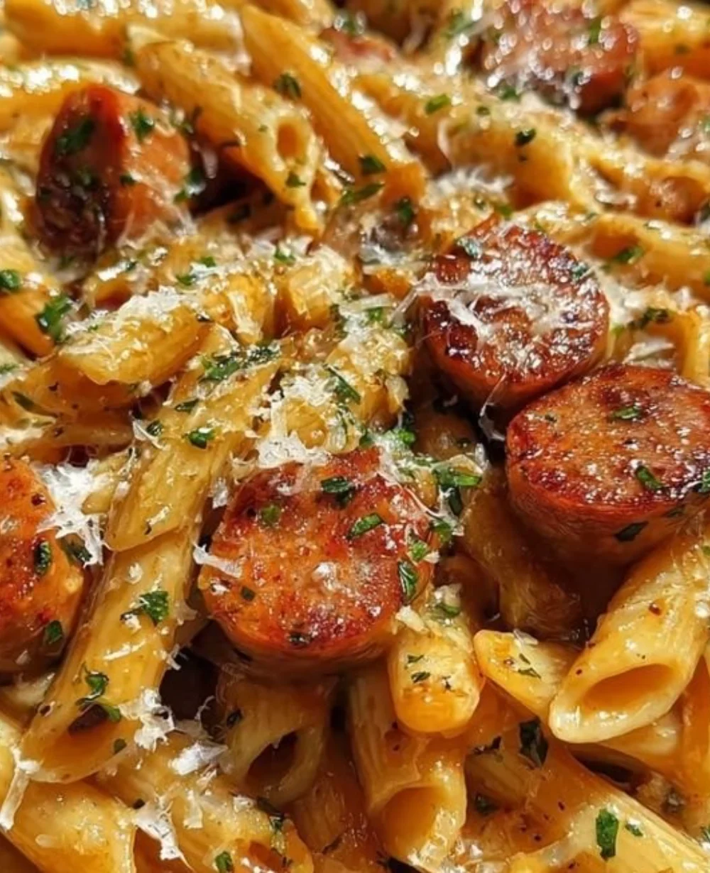 Delicious sticky sweet garlic parmesan sausage penne in a bowl