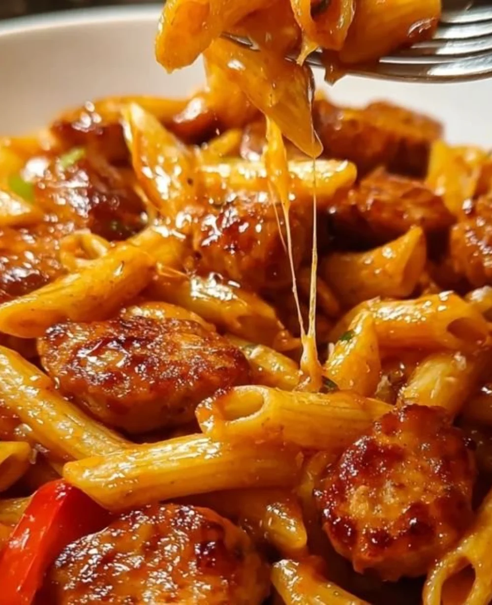 Sticky Sweet Heat BBQ Sausage Penne dish with vibrant ingredients