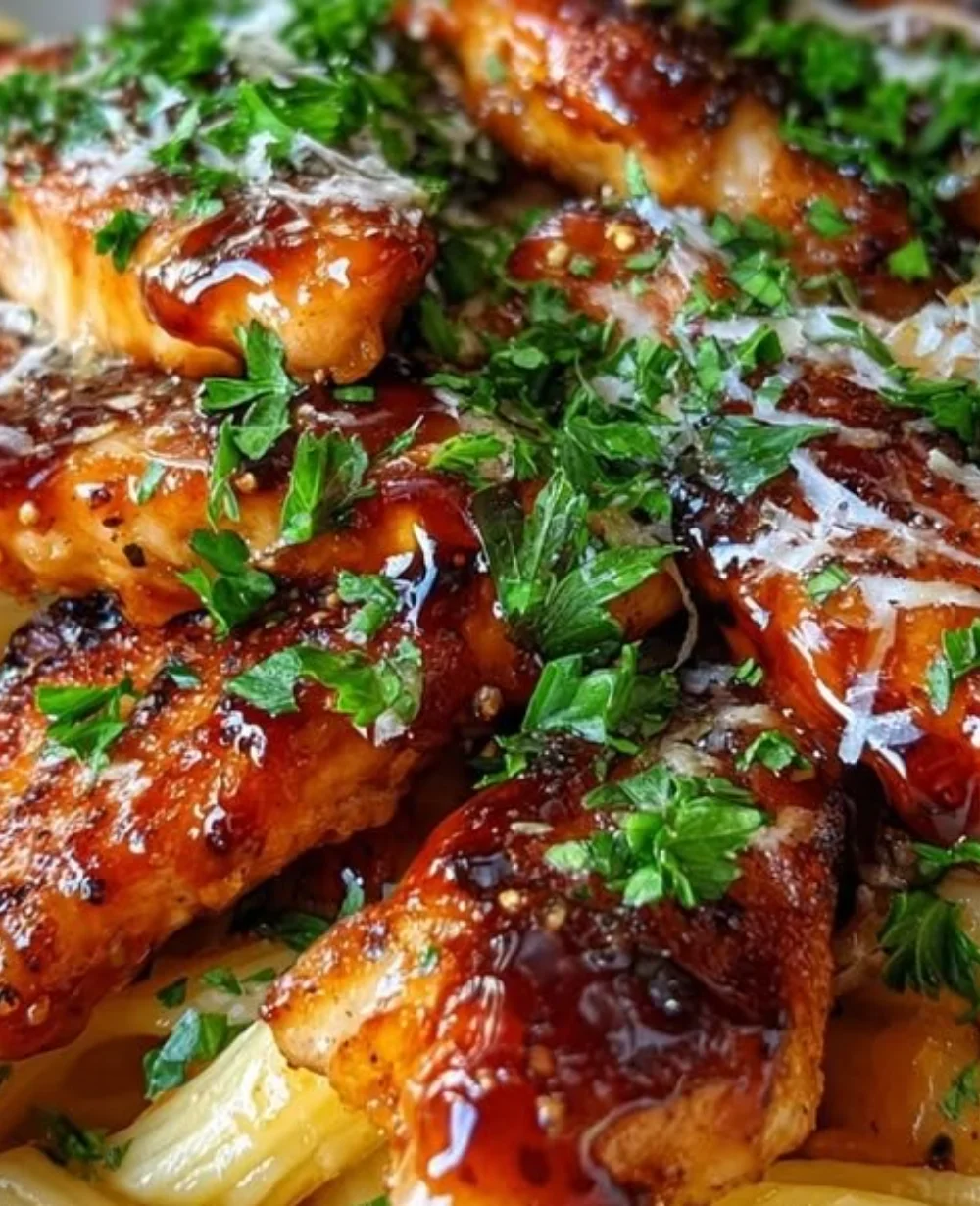 Sticky Sweet Honey Smoky BBQ Chicken Pasta dish served on a plate