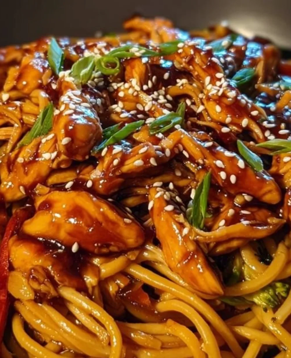 Sticky Teriyaki Honey Garlic Chicken Pasta Skillet dish with vibrant colors.