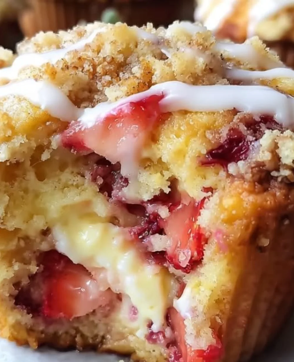 Freshly baked strawberry cream cheese muffins on a rustic table.