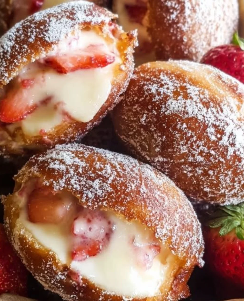 Delicious strawberry custard filled donuts on a cozy breakfast table