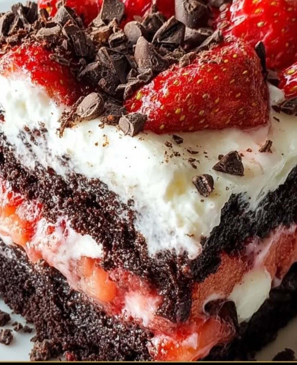 Delicious Strawberry Earthquake Cake topped with fresh strawberries and gooey cream cheese