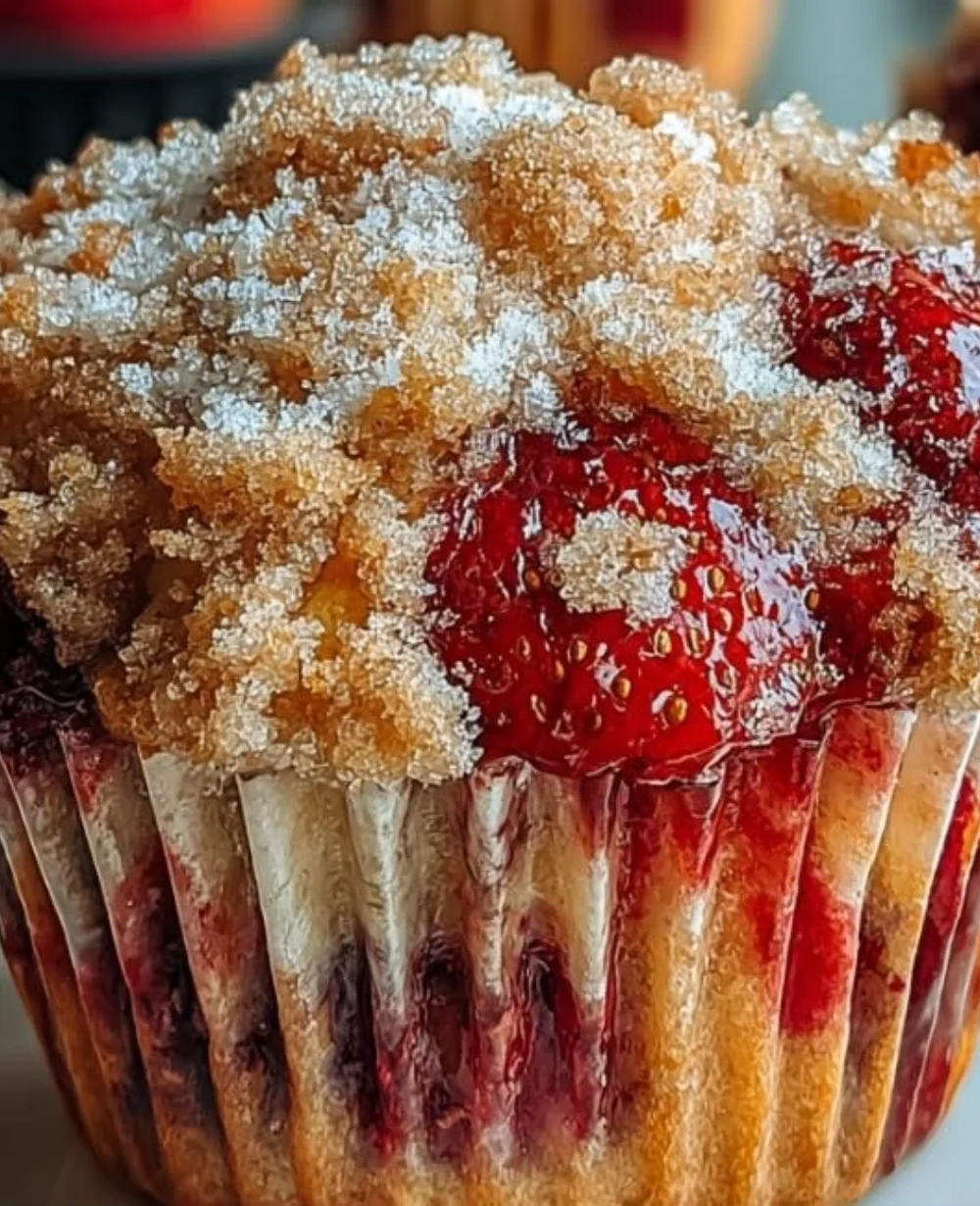 Delicious strawberry muffins with a lemon crumble topping, ideal for breakfast.