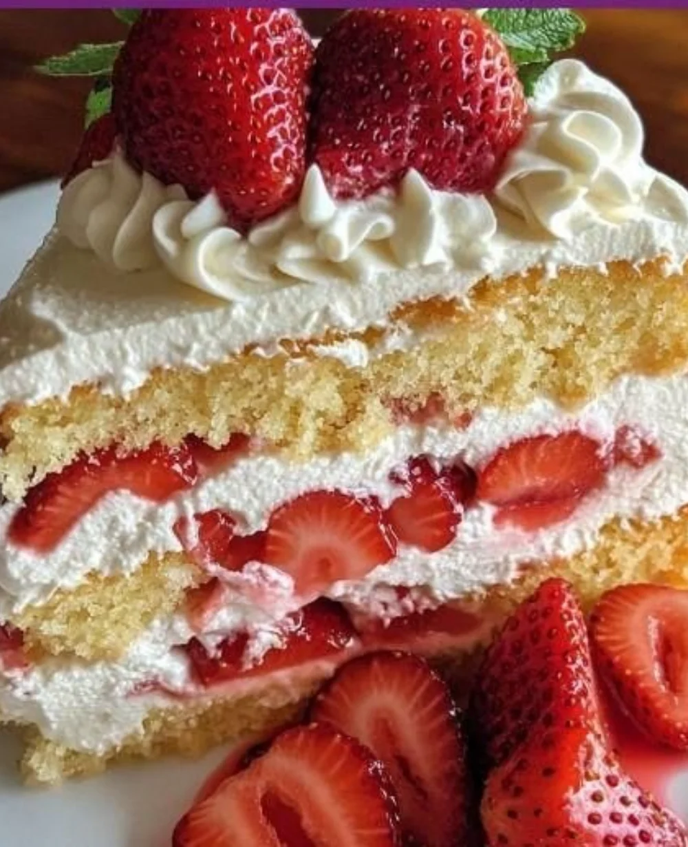 Delicious strawberry shortcake cake topped with fresh strawberries and cream.