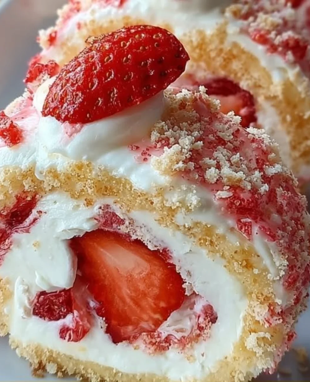 Strawberry Shortcake Cheesecake Rolls with fresh strawberries and cream filling