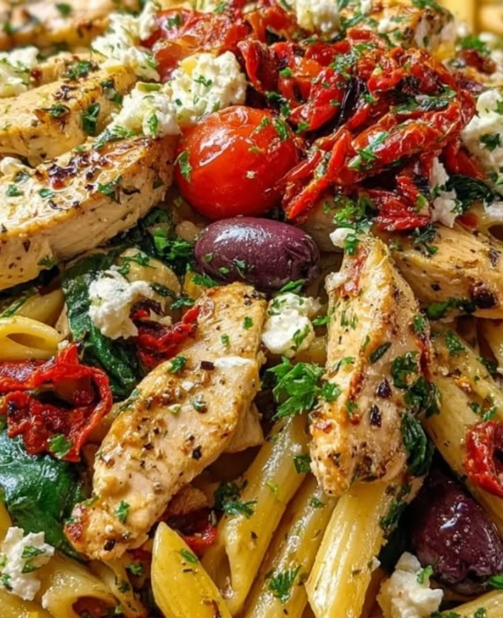 Delicious Sun-Kissed Chicken Feta Pasta served in a bowl with fresh ingredients.