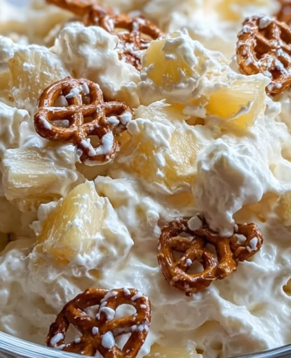Sun-Kissed Pineapple Pretzel Fluff Salad served in a bowl with a colorful presentation