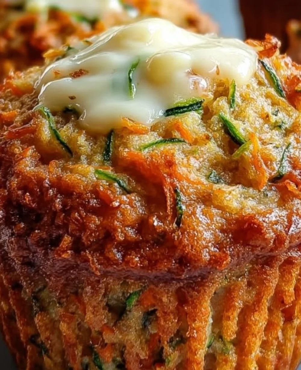 Delicious carrot zucchini muffins on a wooden table, perfect for breakfast.