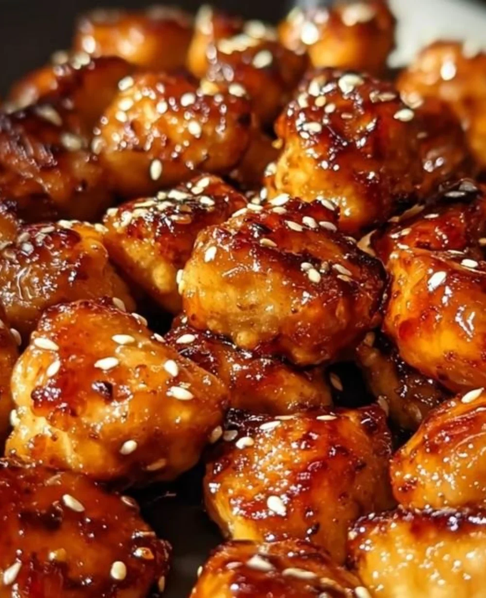 Sweet and smoky honey garlic chicken bites served on a platter.