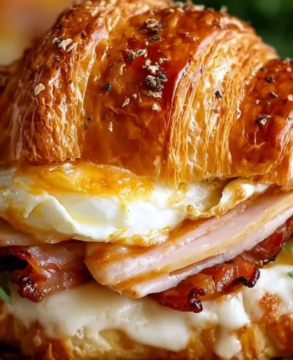 Turkey and Havarti croissant sandwich showcasing melted cheese and flaky pastry