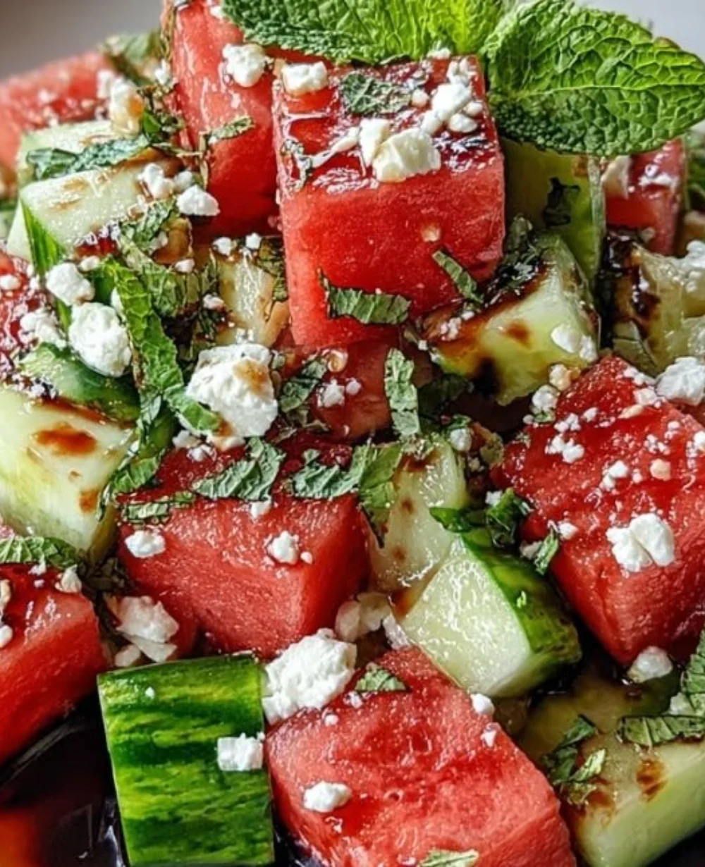 Watermelon feta cucumber salad served in a bowl, showcasing vibrant colors and fresh ingredients.