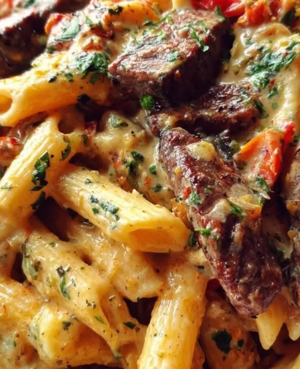 Creamy garlic butter steak penne served in a skillet, topped with pepper jack cheese.