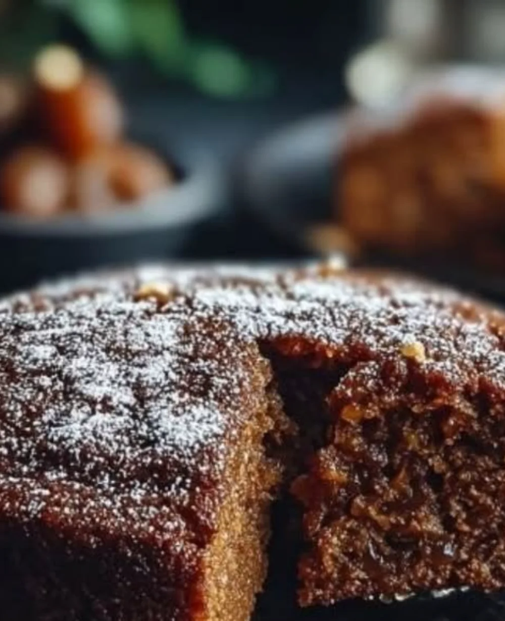 Delicious 4-ingredient date cake served on a plate with a rustic background.