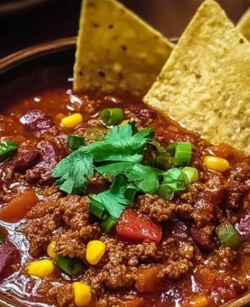 Delicious Texas Roadhouse chili in a bowl, garnished with fresh herbs