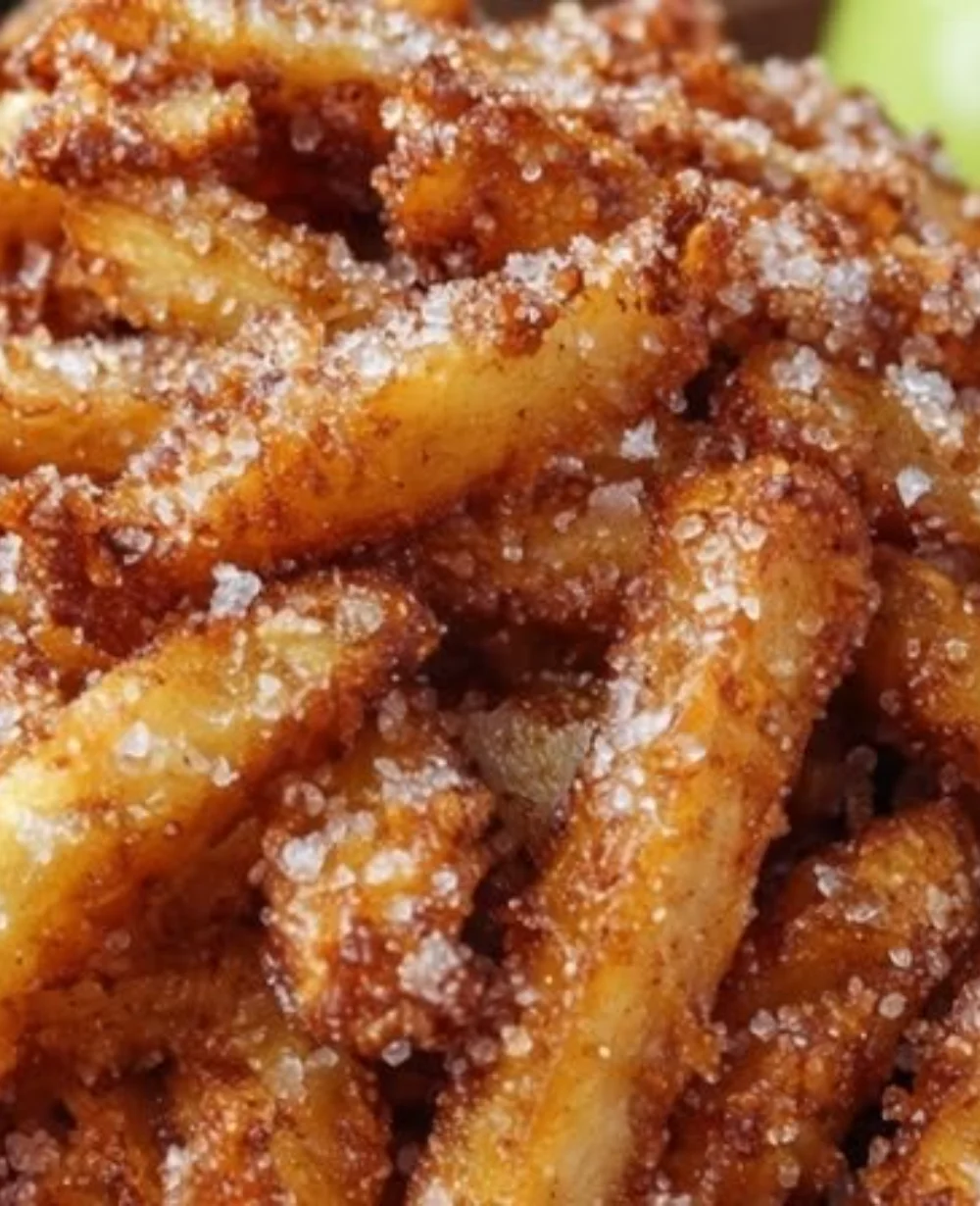 Crispy air fryer apple fries served with cinnamon for a delightful snack