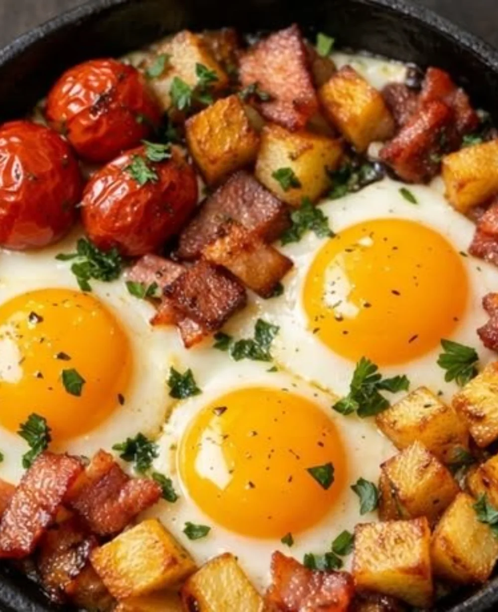 Delicious air fryer breakfast skillet with eggs, vegetables, and spices.