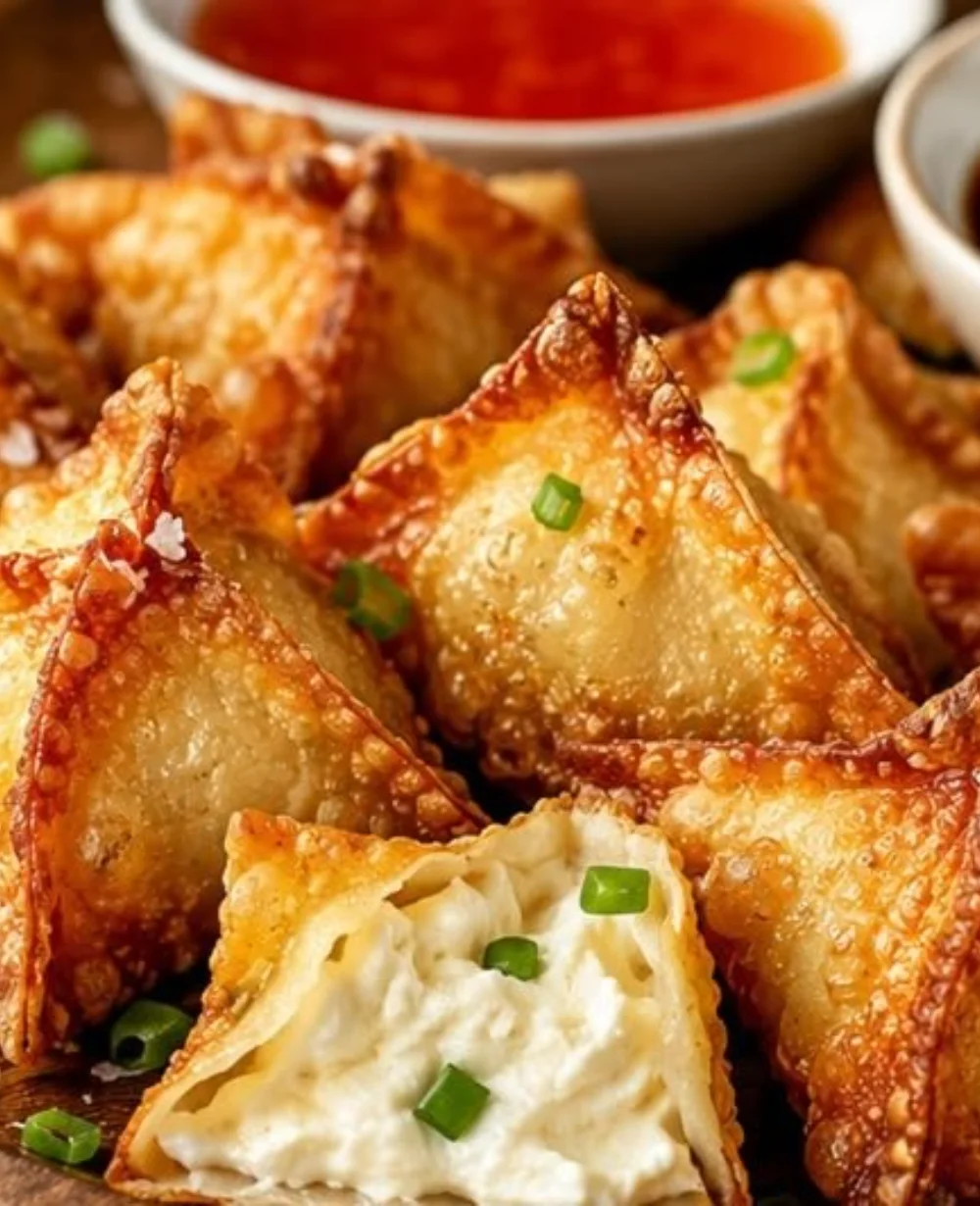 Crispy Air Fryer cream cheese wontons served on a plate with dipping sauce.