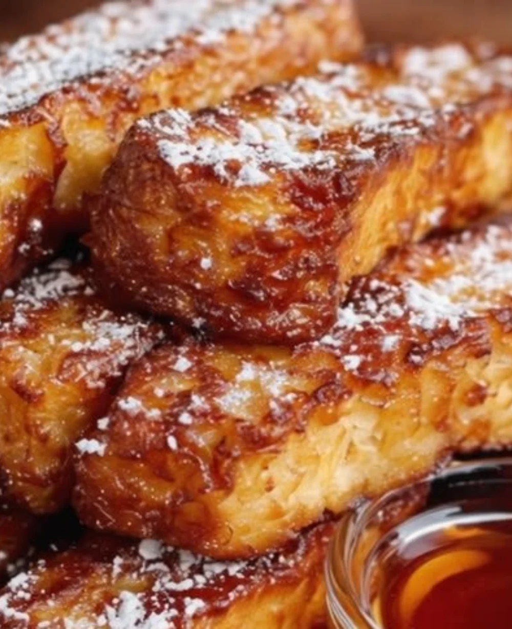 Air Fryer French Toast Sticks served on a plate with syrup and berries