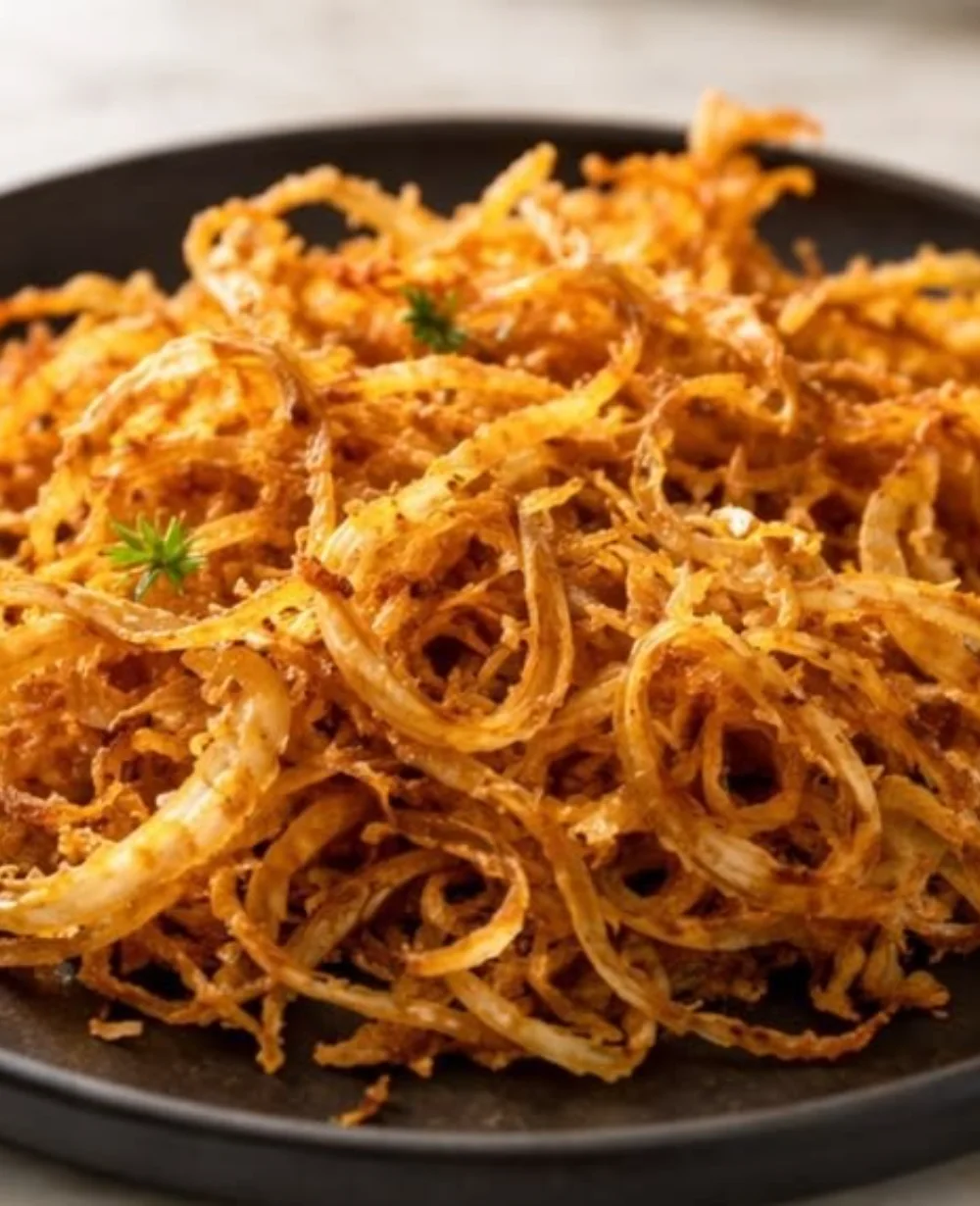 Crispy air fryer onion straws on a plate, served as a snack.
