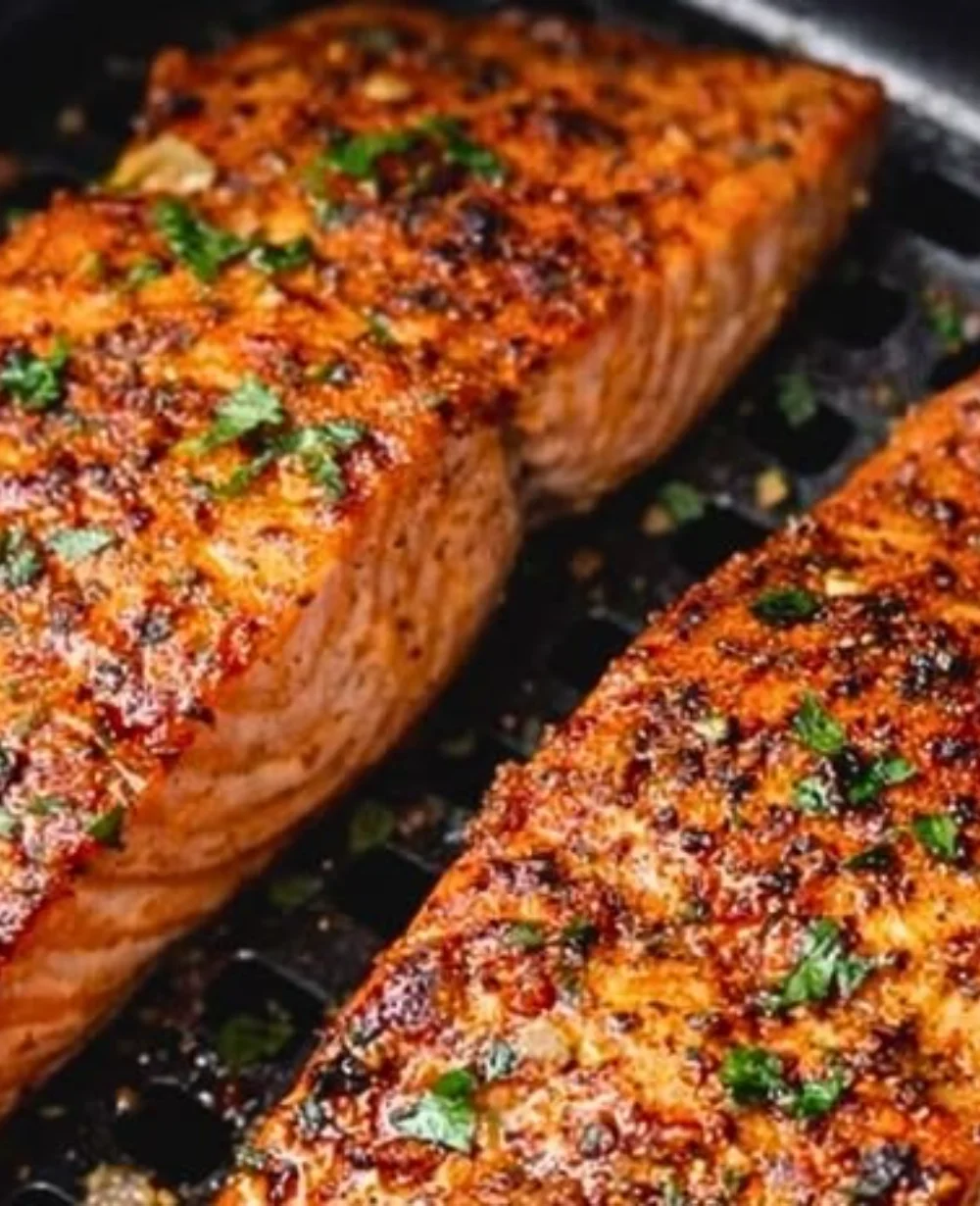 Delicious Air Fryer Salmon served on a plate with fresh herbs