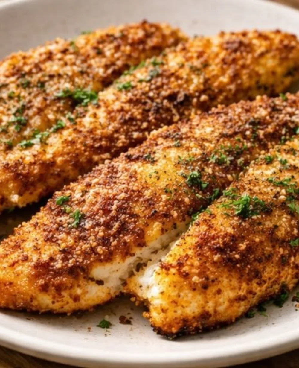 Crispy Air Fryer Tilapia with garlic and parmesan crust on a plate.
