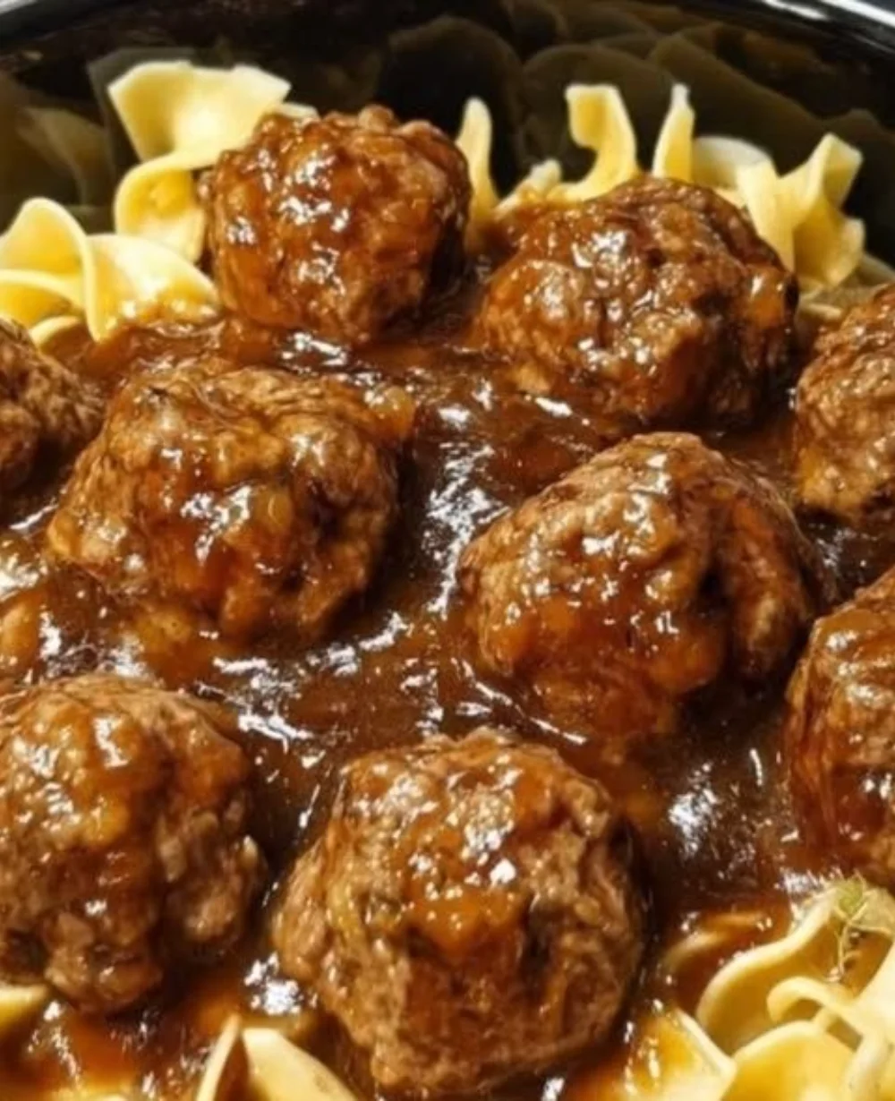 Delicious Amish meatball noodles served in a warm bowl.