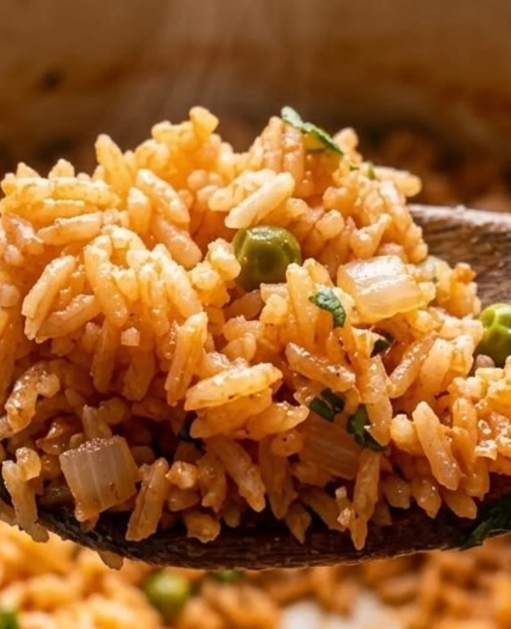 Bowl of authentic Mexican rice garnished with fresh cilantro and lime.