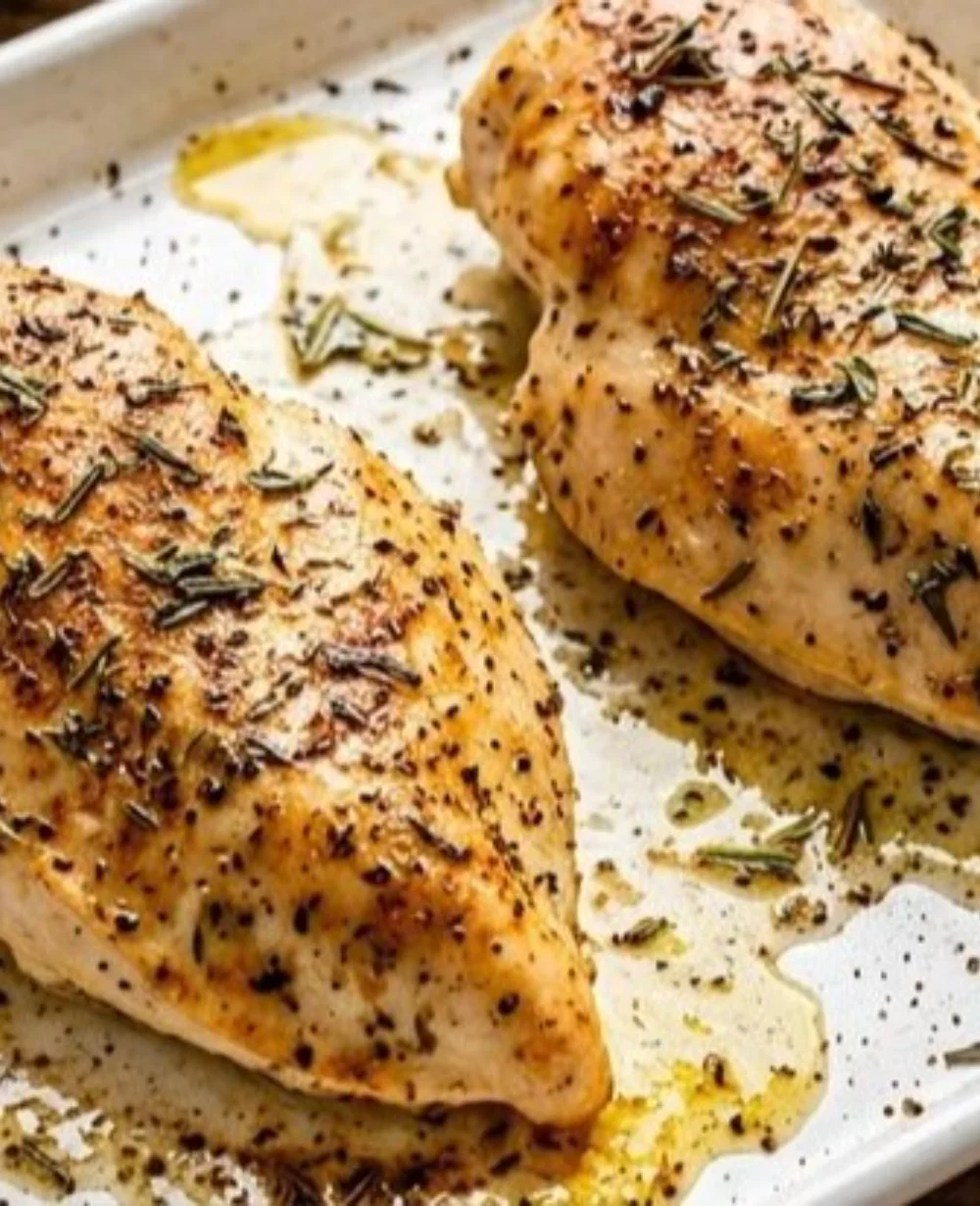 Delicious baked chicken breasts served with herbs and spices