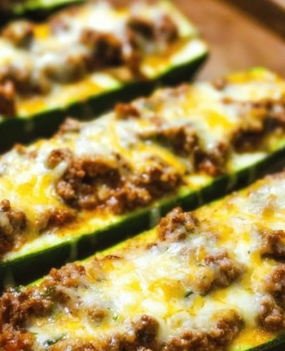 Beef stuffed zucchini boats topped with cheese and herbs on a plate.