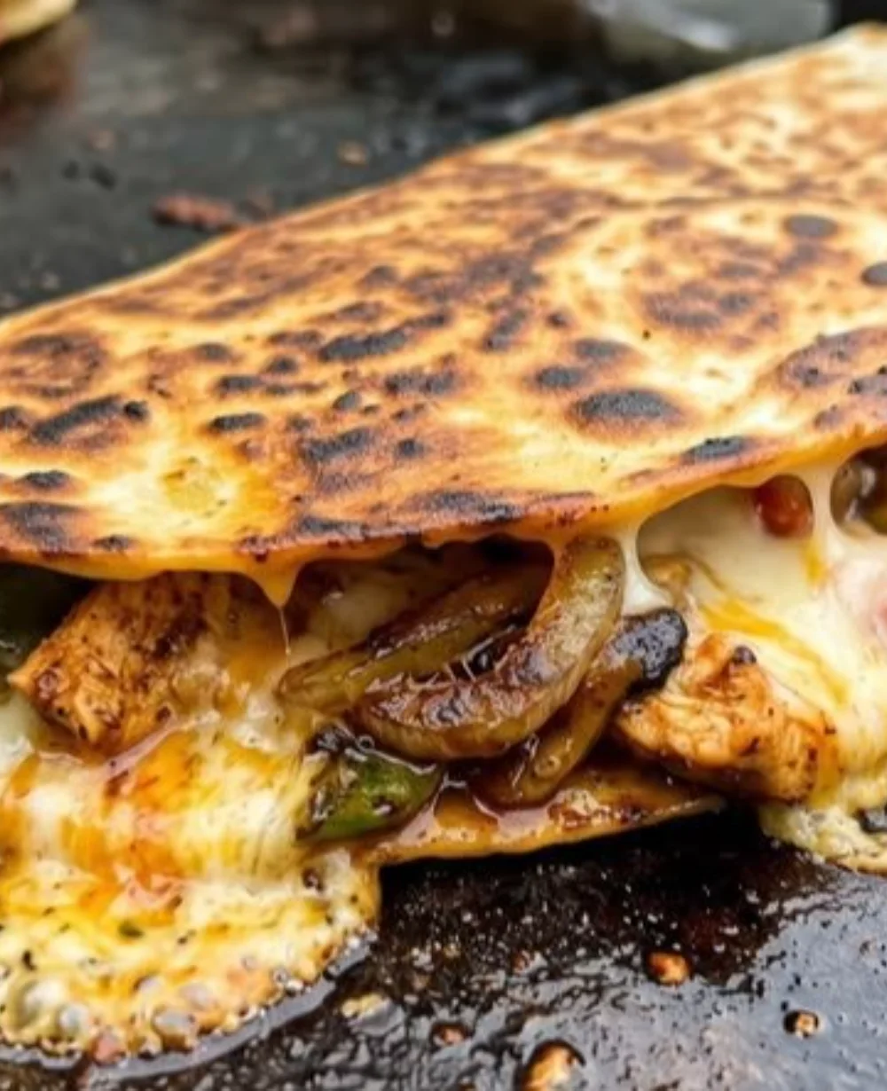 Blackstone Chicken Fajita Quesadillas sizzling on a skillet