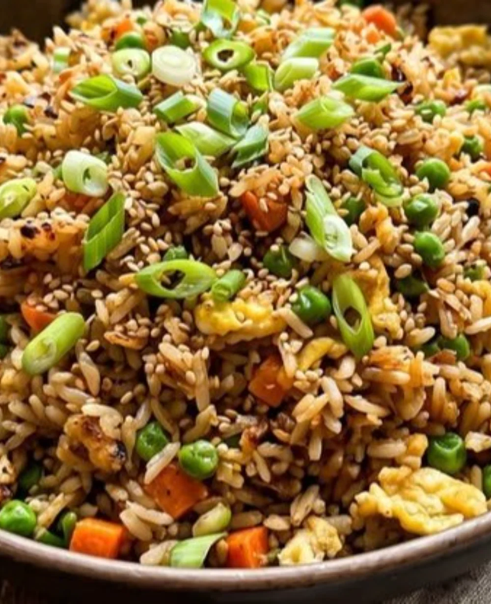 Delicious Blackstone fried rice dish served hot with vegetables and proteins.