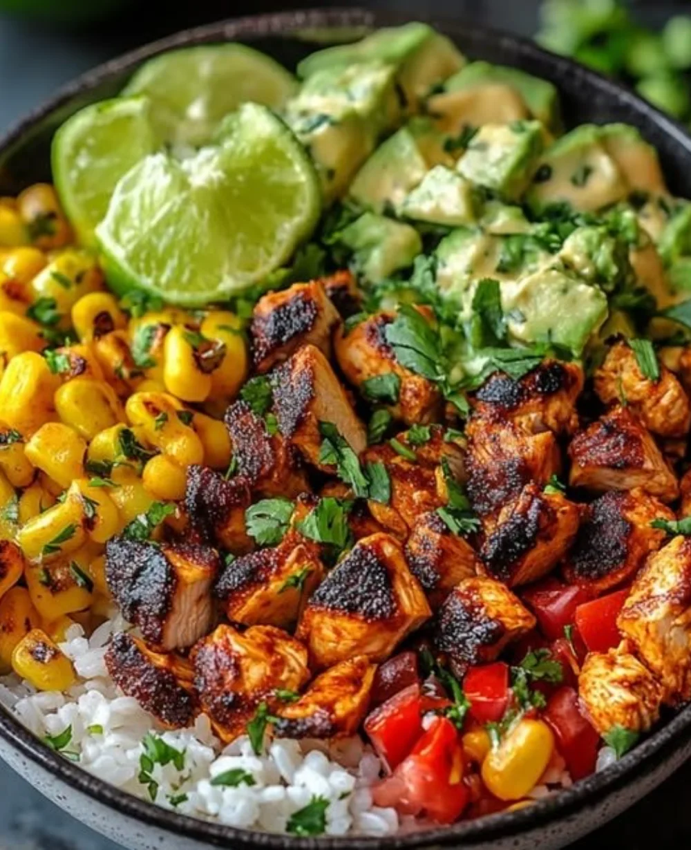 Chipotle Lime Chicken Burrito Rice Bowls with vibrant toppings