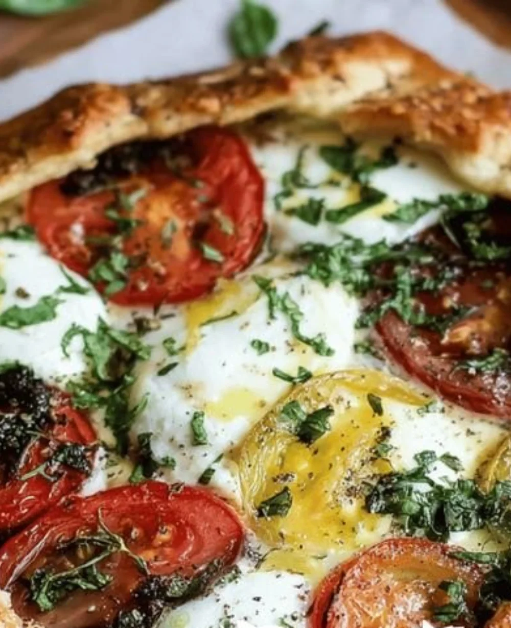 Delicious Caprese Galette with fresh tomatoes, mozzarella, and basil.