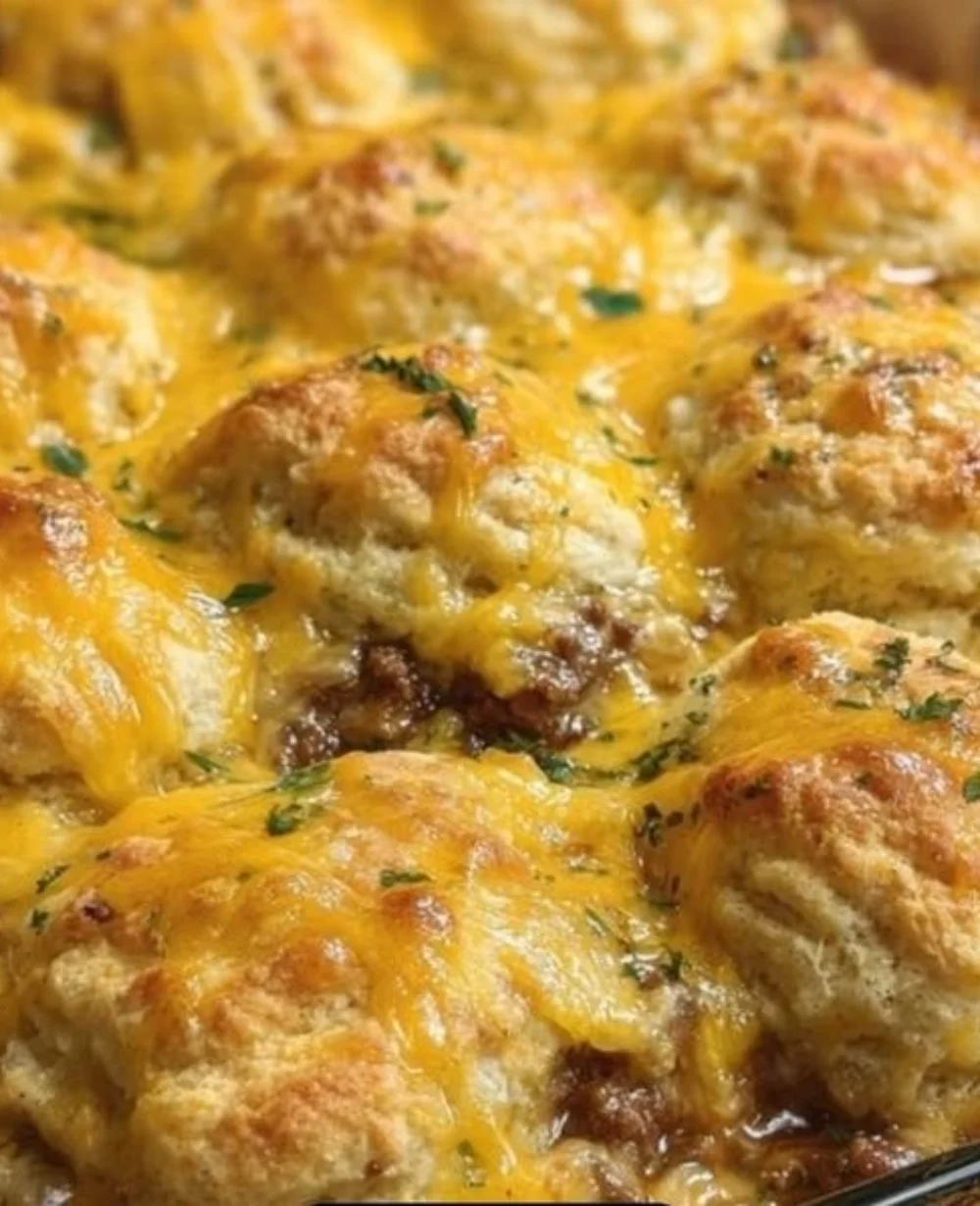 Cheddar Bay Hamburger Casserole served in a dish with melted cheese
