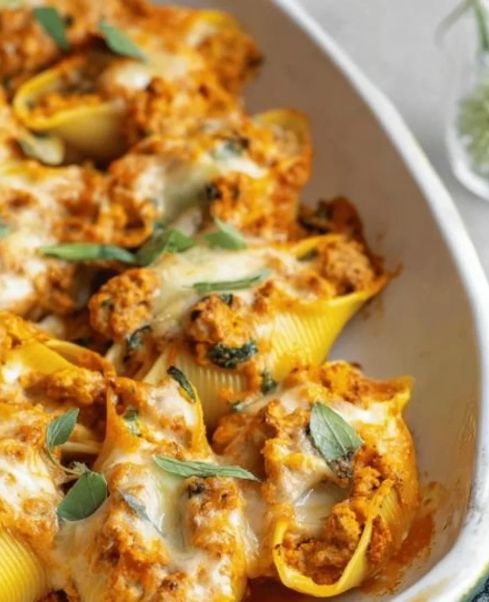 Cheesy pumpkin and spicy sausage stuffed shells plated with herbs