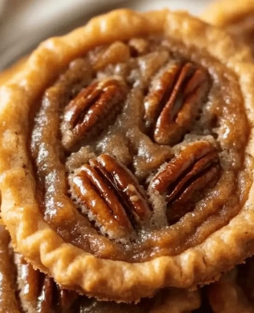 Chewy pecan pie cookies with gooey filling on a plate