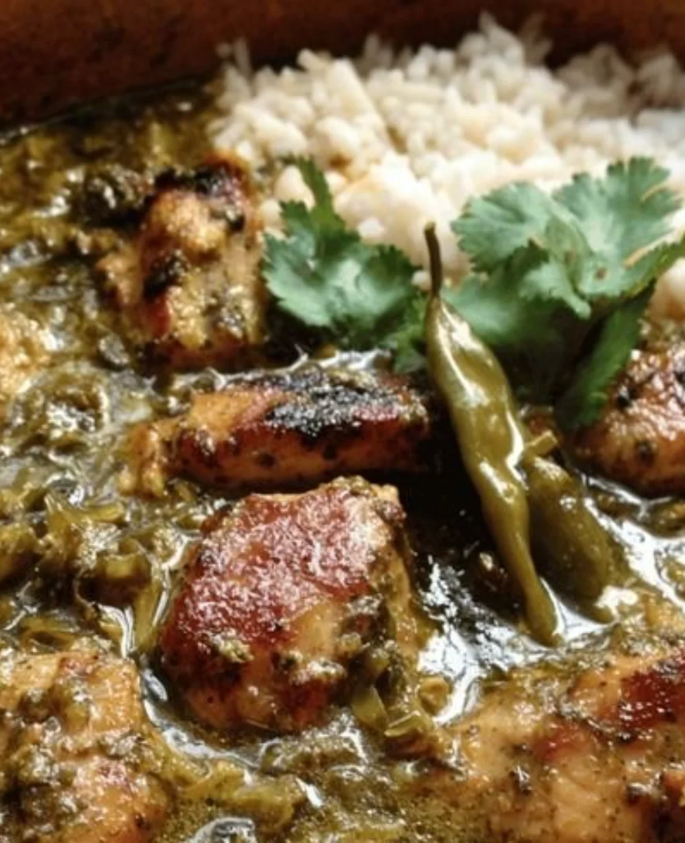 Bowl of Chile Verde sauce made with fresh green chilies and spices