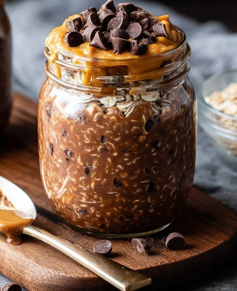 Delicious chocolate peanut butter overnight oats in a jar, perfect breakfast idea.
