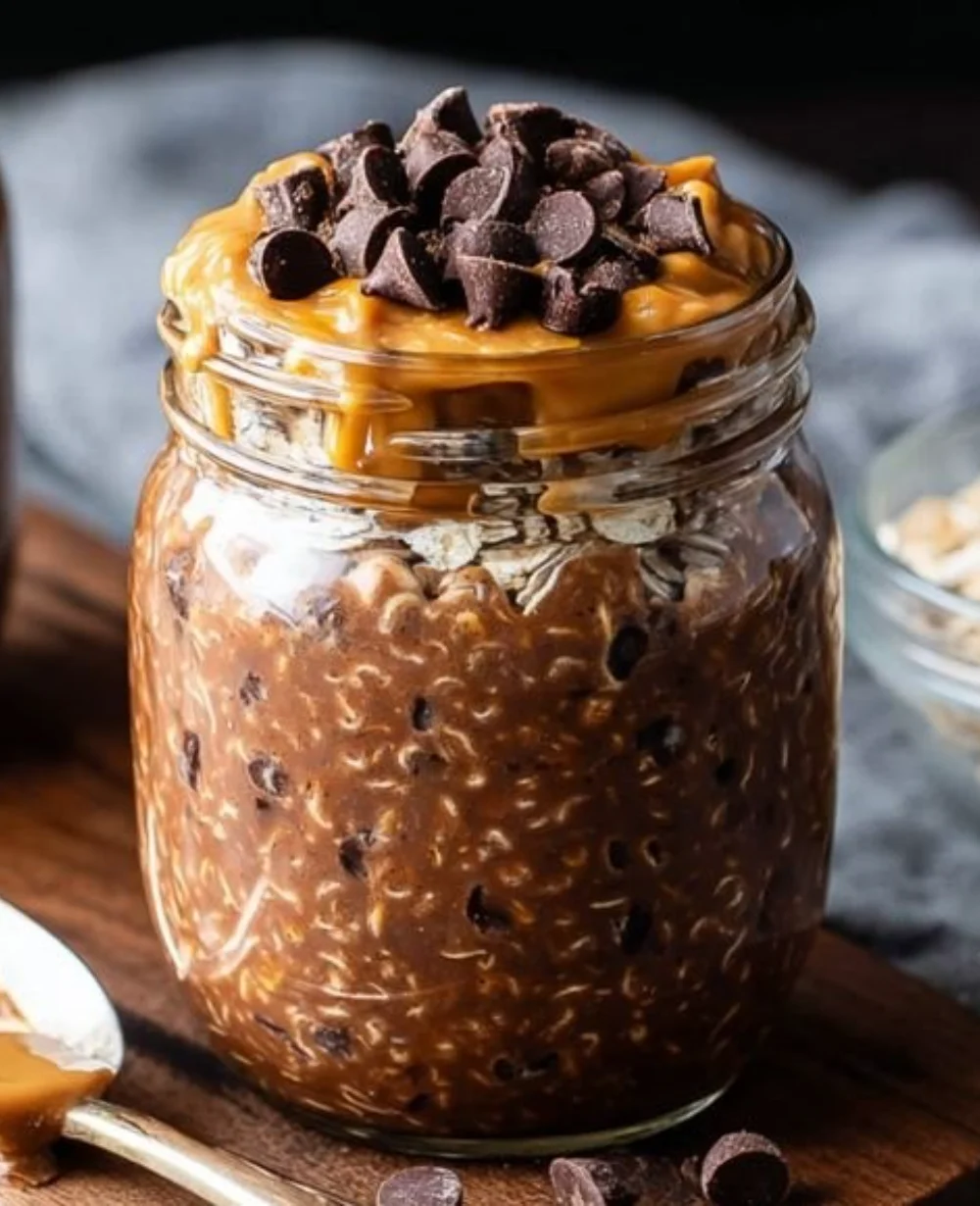 Delicious chocolate peanut butter overnight oats in a glass jar