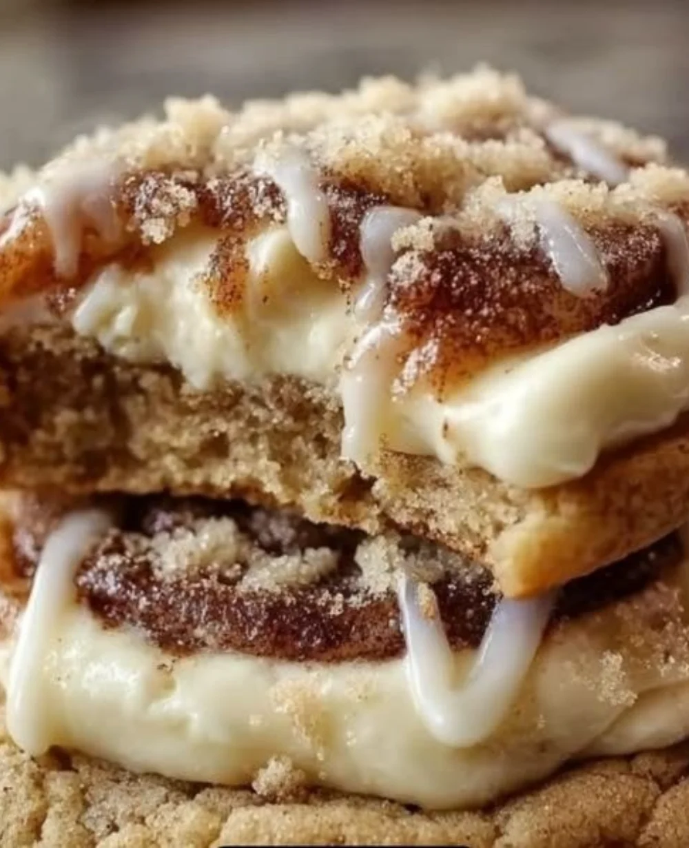 Delicious cinnamon roll cheesecake cookies on a plate, drizzled with icing.