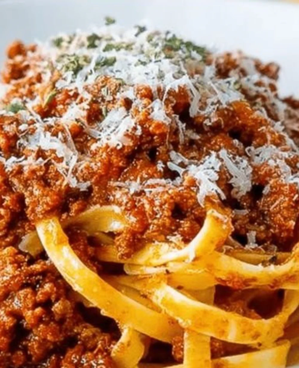 Delicious bowl of Classic Italian Pasta Bolognese topped with parmesan cheese