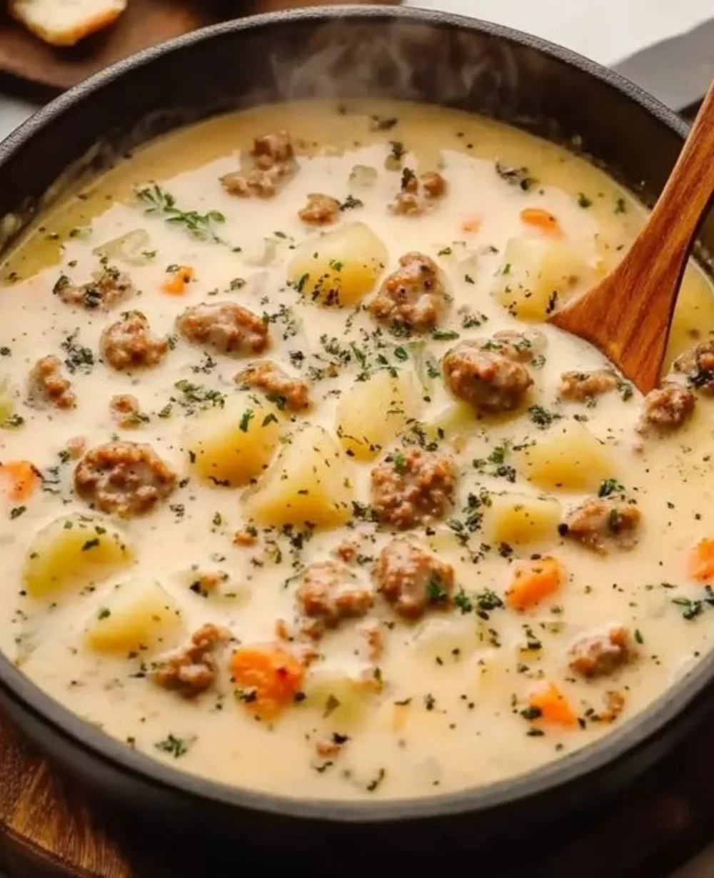 Bowl of comforting sausage potato soup with fresh ingredients and herbs